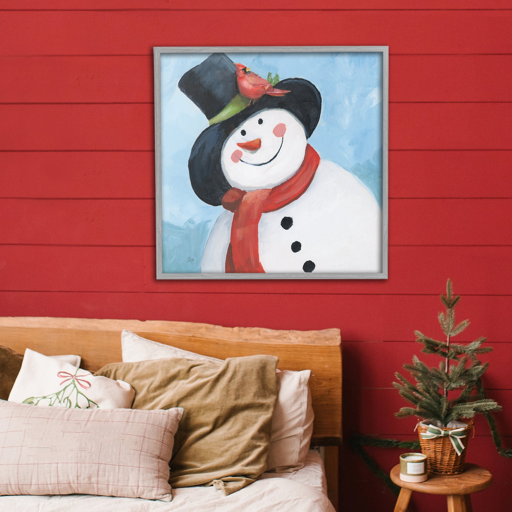 Stupell Industries Cheerful Snowman with Cardinal Gray Framed Giclee Art, design by Nan