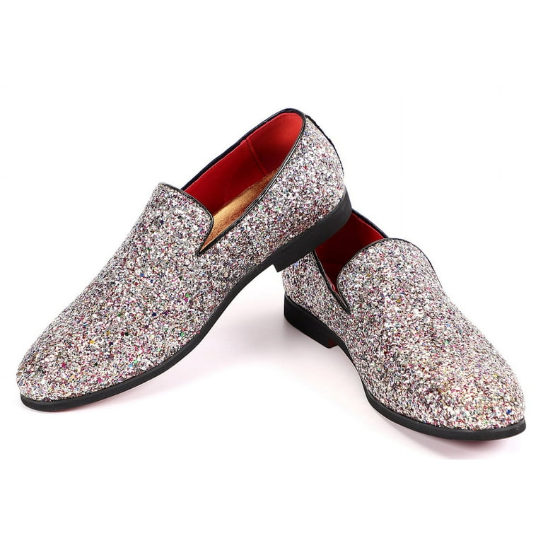 silver glitter mens dress shoes Mens Glitzy Black Shiny Silver Glitter Dress Shoes Slip Ons After Midnight 8018 S main image 0