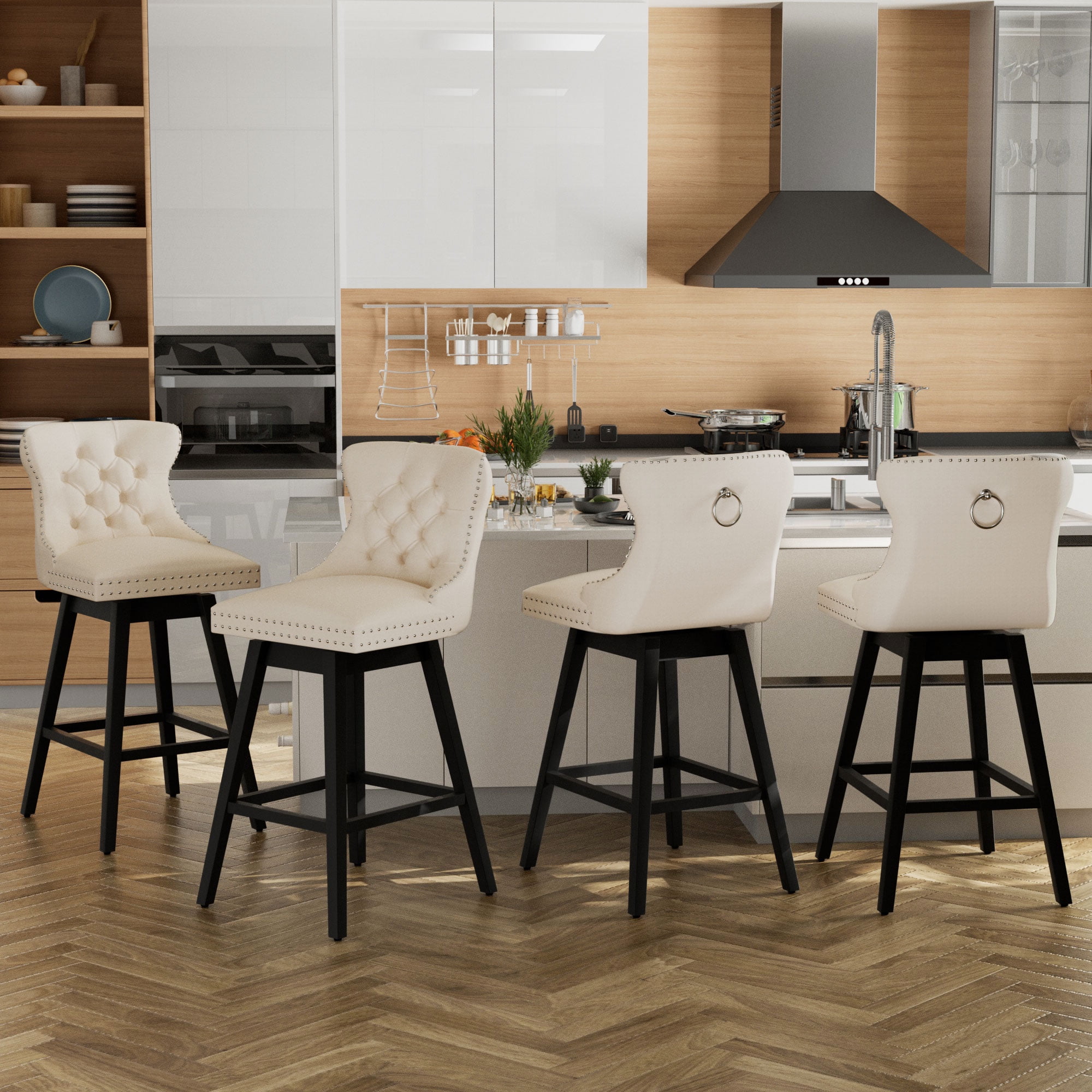 TEWLOSS 26" Swivel Counter Height Bar Stools Set of 4, Beige Velvet Kitchen Stools with Back