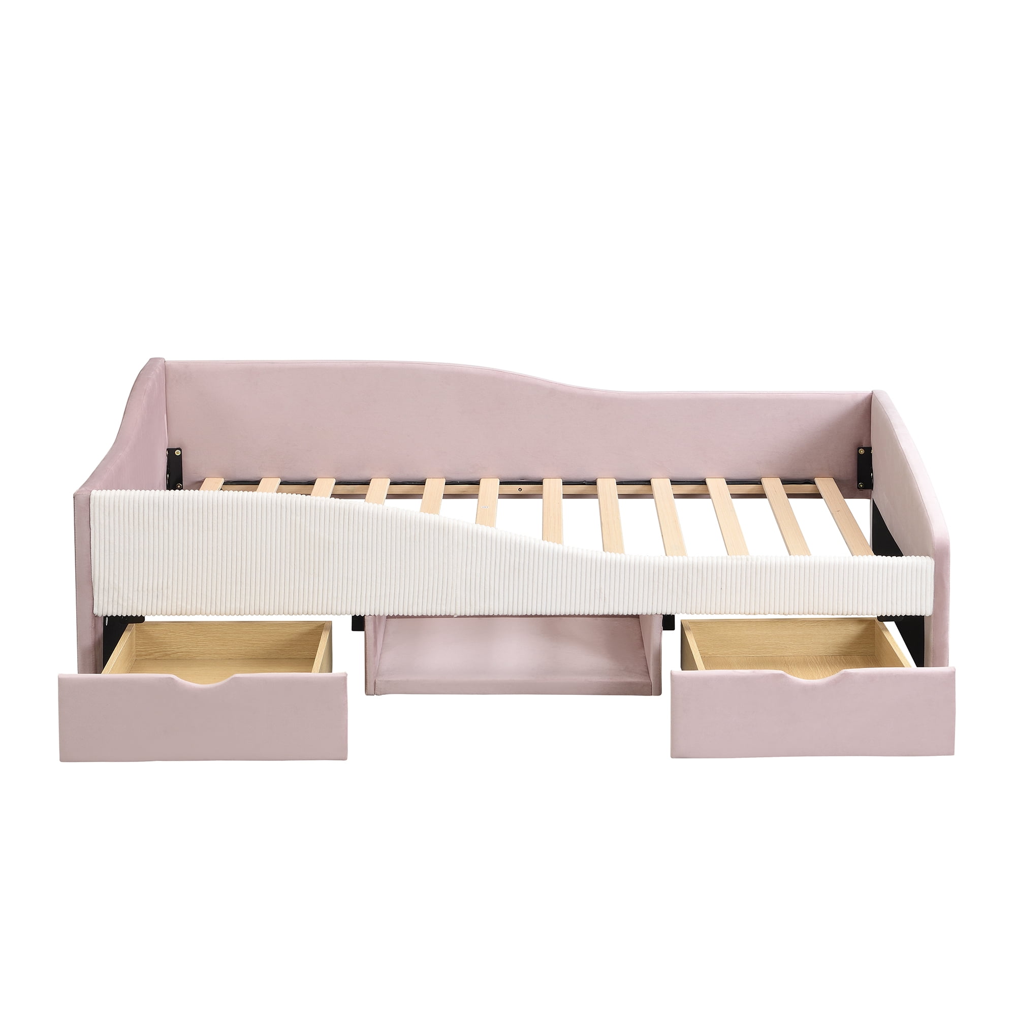 Aukfa Twin Size Upholstered Daybed with 2 Storage Drawers, Shelf and Curved Guardrails, Velvet Bed Frame, Pink