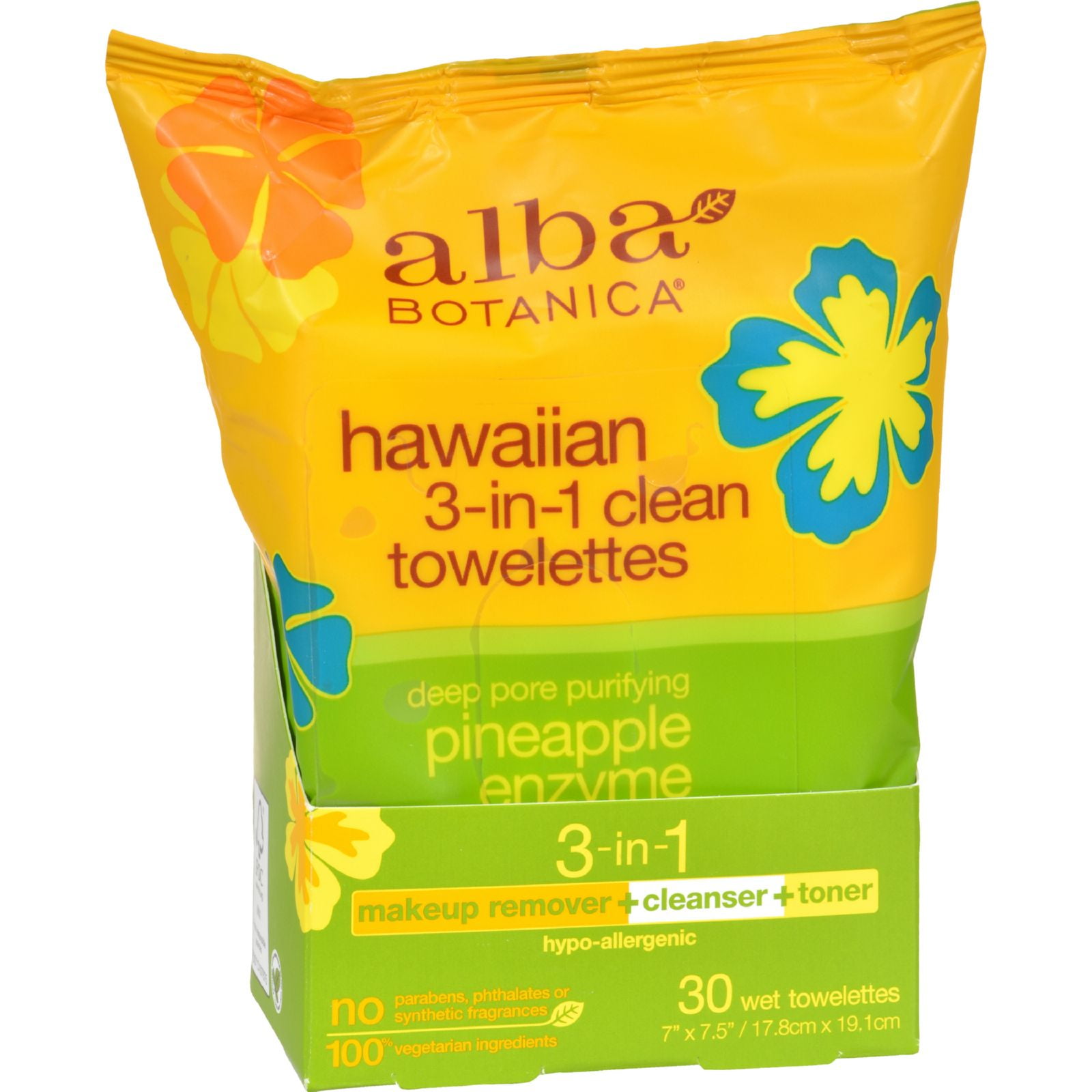 Alba Botanica Hawaiian 3-In-1 Clean Towelettes Pineapple Enzyme, 30 ea