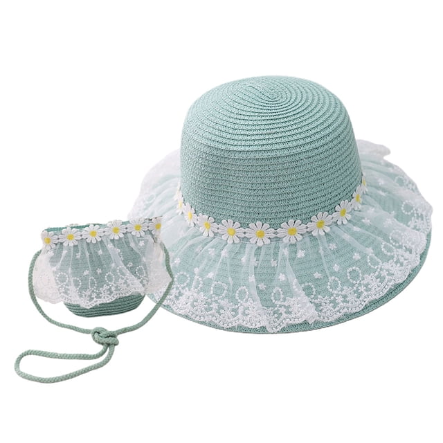 Sombrero de paja para niños de 52 a 54 cm de circunferencia, sombrero de crisantemo de encaje y bolso de paja, sombrero de lavabo de verano, sombrero protector solar, verde lago