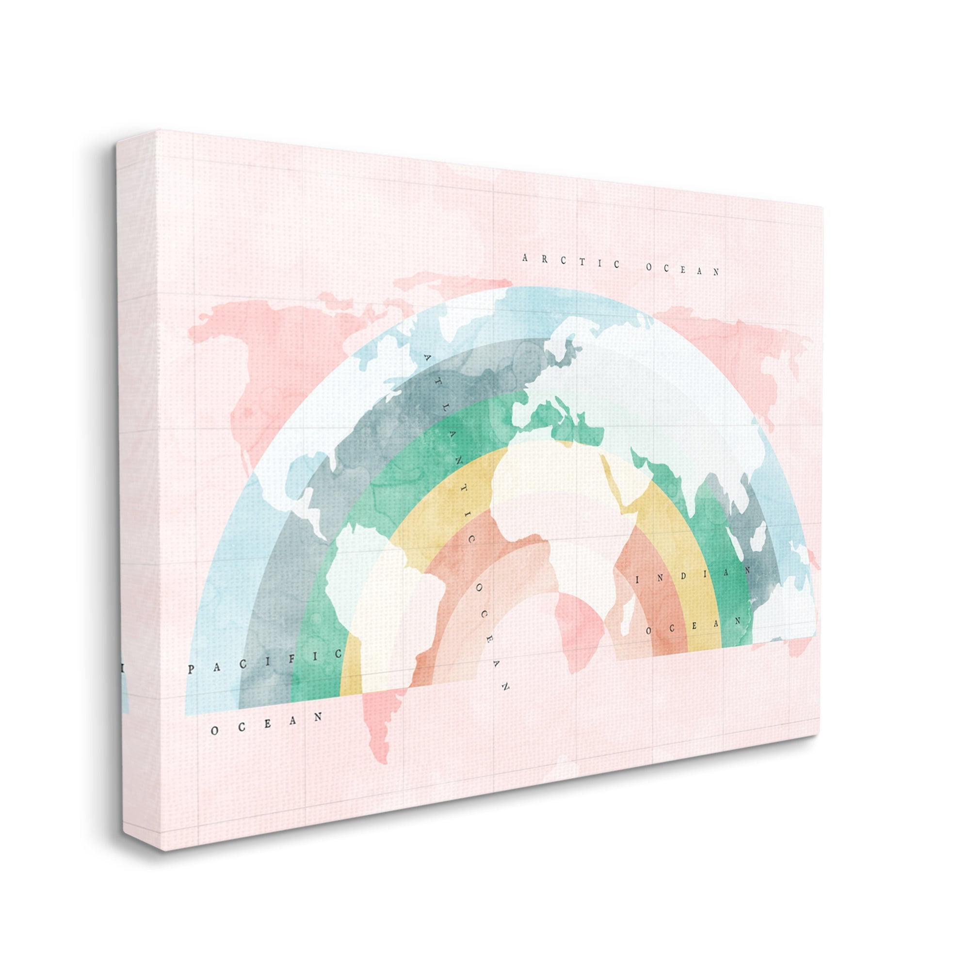 Stupell Industries Children's Pink World Map with Modern Rainbow Graphic Art Gallery-Wrapped Canvas Print Wall Art, 40x30, by Daphne Polselli