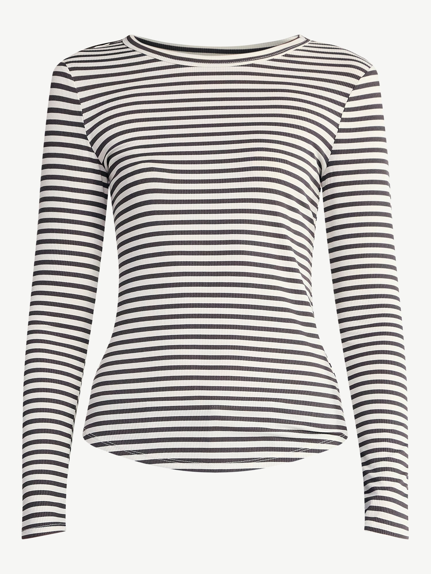 No Boundaries Ribbed Crewneck Tee with Long Sleeves, 1 or 2-Pack, Women's & Women's Plus XXS-XXL