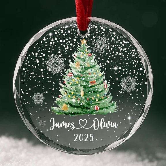 Personalized Christmas Tree Ornament Custom Couple Names & Year Heart Glass Snowflake Holiday Keepsake