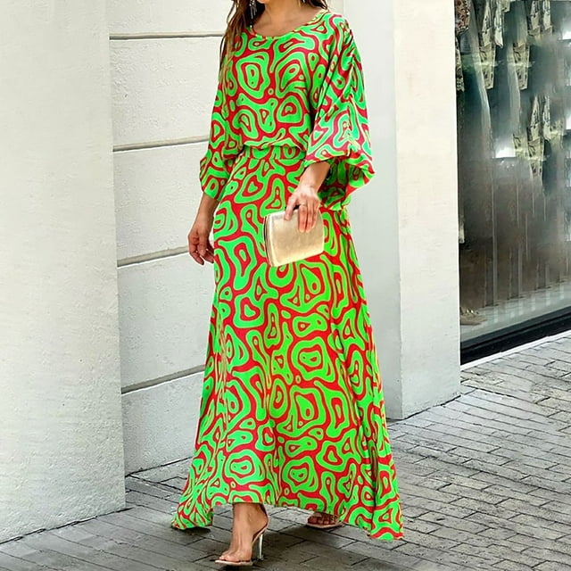 Ensembles pour Femmes Liquidation Grande Taille Tendance Femmes Décontracté Imprimé Manches Longues Col Rond Hauts Ensembles de Robes Longues Vert m