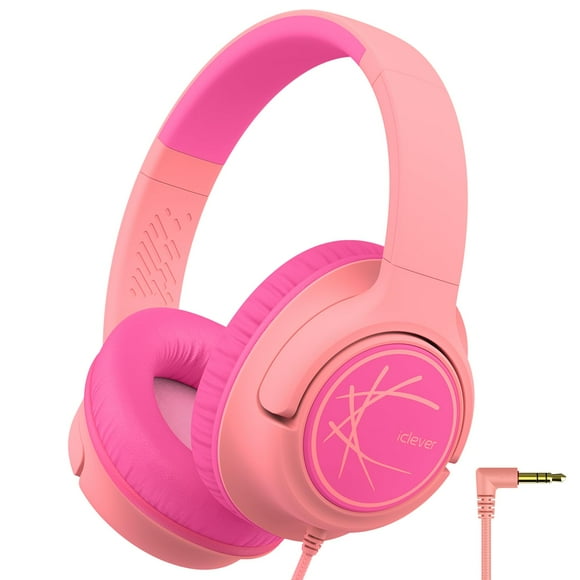 Auriculares iClever Kids con cable de 85 dBA, volumen seguro, color rosa