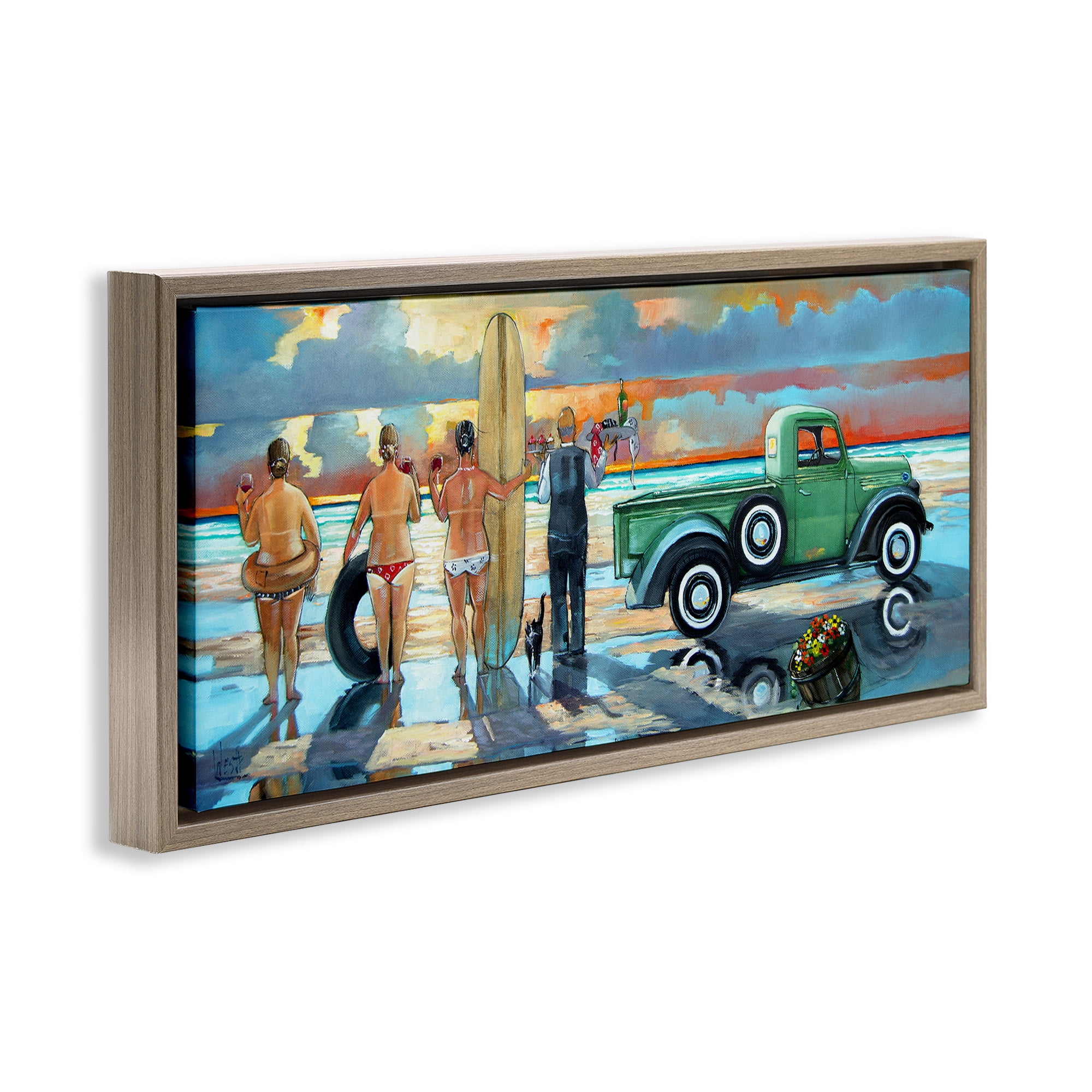 Stupell Industries Butler Serving Beach Girls Scene Nature Painting Brown Floater Framed Canvas Art Print Wall Art, 25 x 11