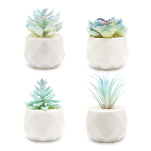VIVERIE Mini Blue Artificial Succulent in Pots (White Ceramic, 4 Pot Set) Fake Plants for Indoors, Office Decor Blue Christmas for Women, Office Home Decor Gifts-Faux Plant