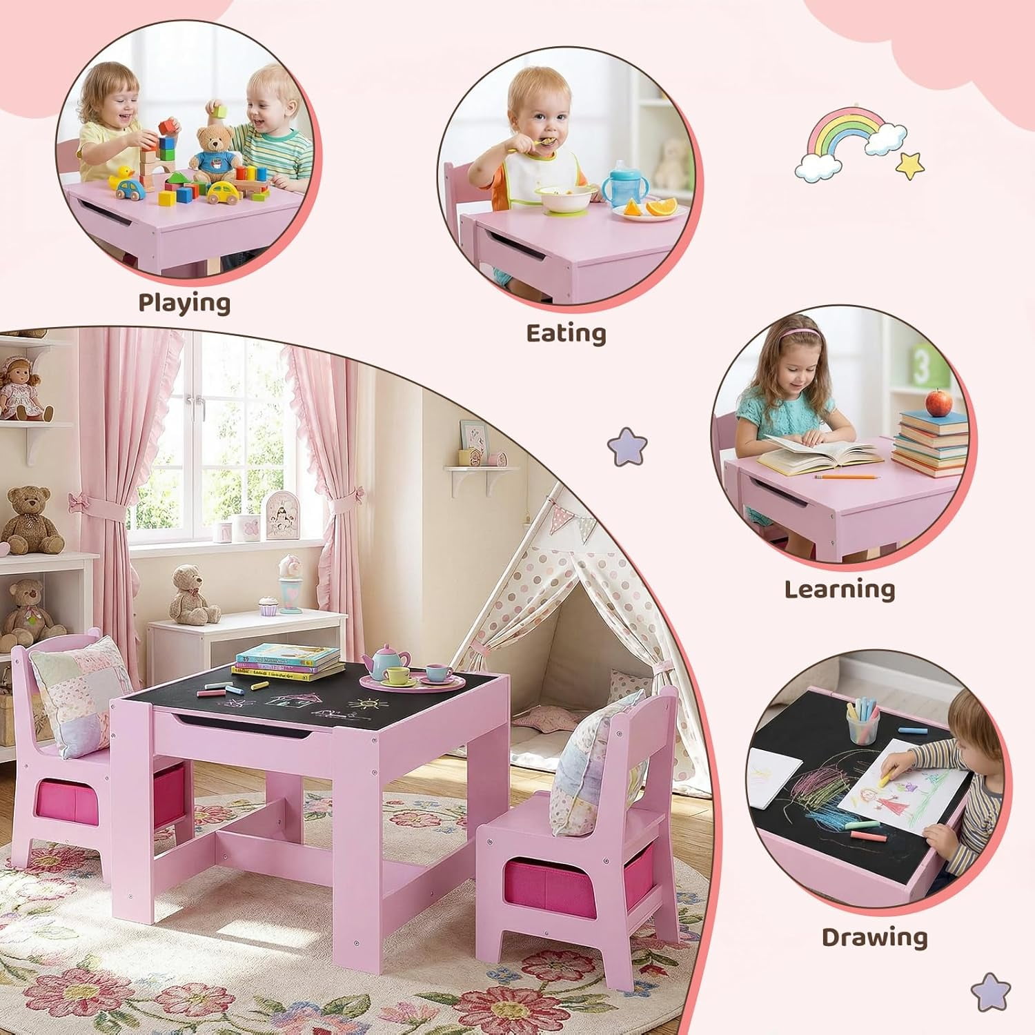 Pirecart Kids Table and 2 Chairs Set Wooden Activity Table and Chair Set with Blackboard & Storage Drawer, Pink