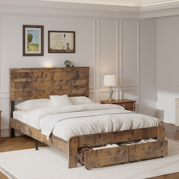 Miniyam Full Size Bed Frame with LED Light and Storage Drawers,USB ports, Farmhouse Style, Brown