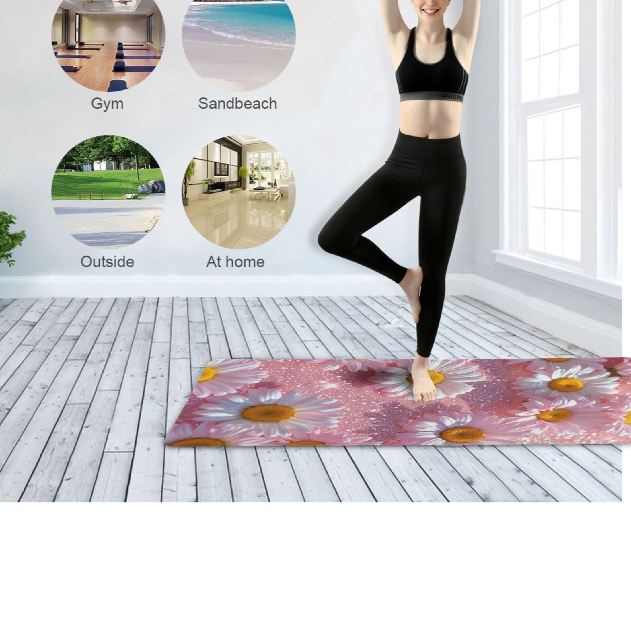 BZSMCE Yoga Mat Women Fitness Mat Daisies in Sparkling Dew Pattern