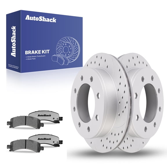 AutoShack Rear Drilled & Slotted Brake Rotors Ceramic Brake Pads | Replacement for Chevrolet Express 3500 Express 2500 GMC Savana 3500 Savana 2500 | Silver Coated | 6-PC Brake Kit | TurboGuard