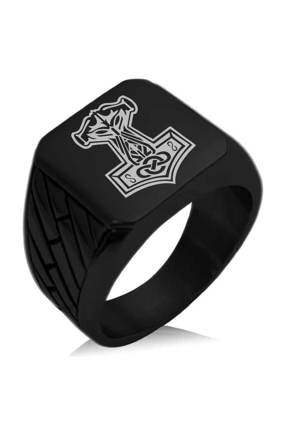Stainless Steel Mjolnir Thor's Hammer Viking Norse Geometric Pattern Biker Style Polished Ring