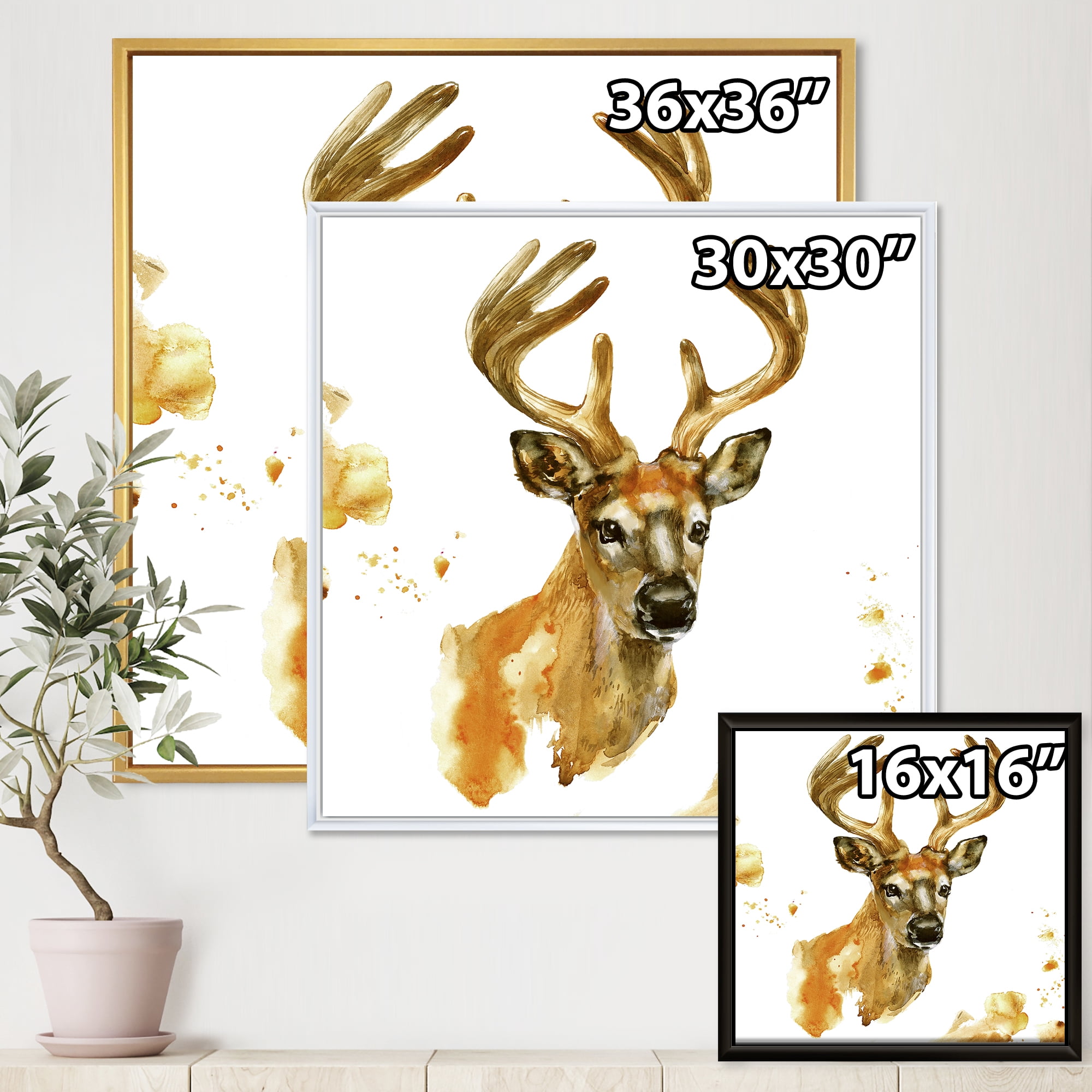 Designart 'Abstract Portrait Of Deer With Big Horns' Farmhouse Framed Canvas Wall Art Print