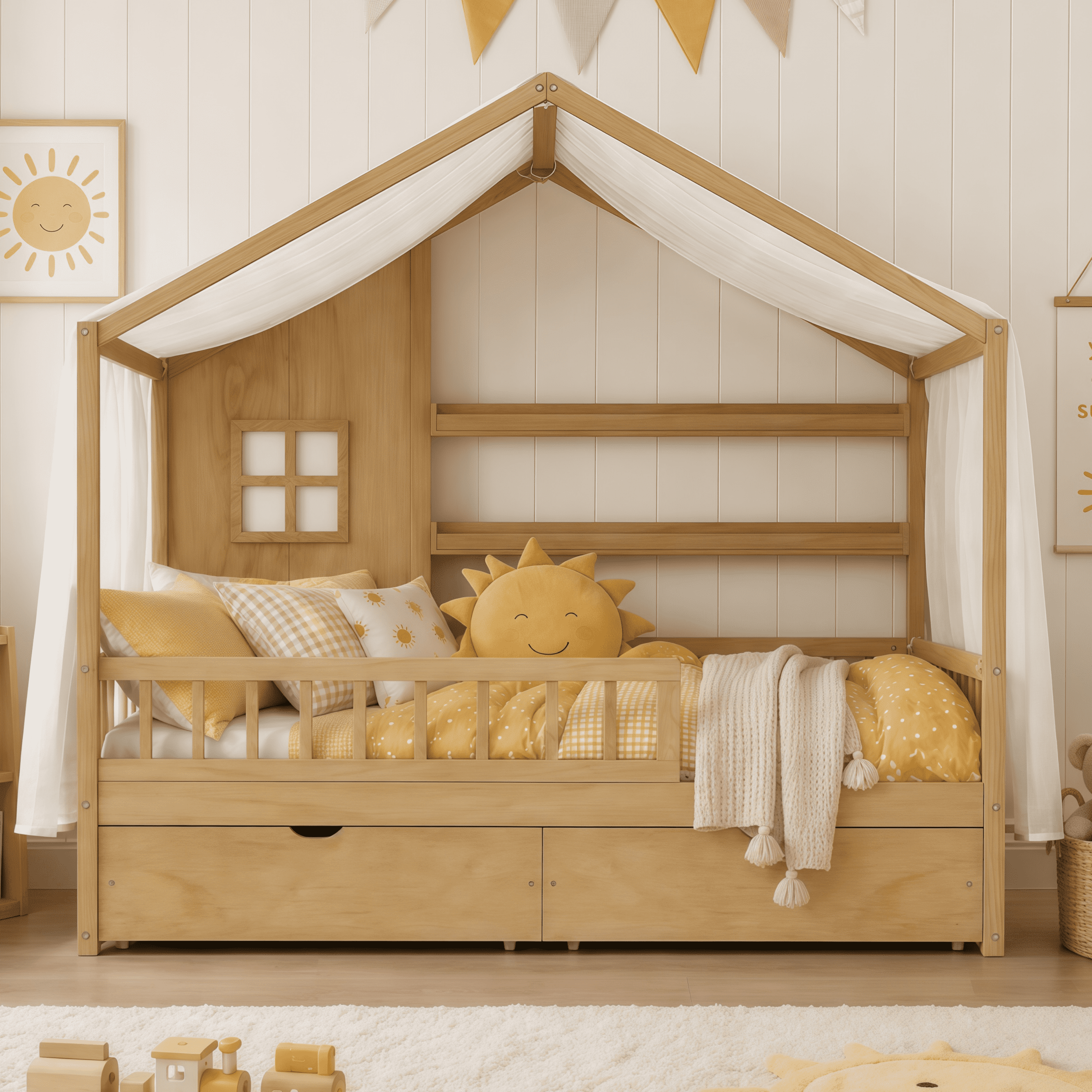 Euroco Wood Full Size House Bed with Roof and Curtains, Montessori Floor Bed with Drawers and Safety Guardrails,No Box Spring Needed, Natural