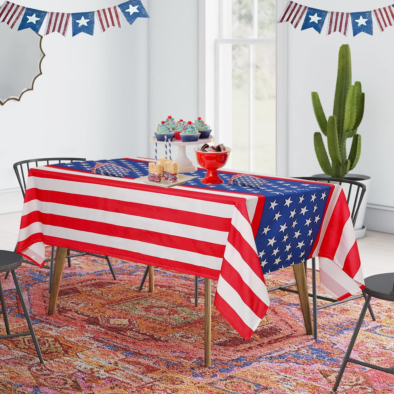 3 Pack Patriotic Tablecloth Decorations for Military Army Homecoming 54 x 108 Inch Plastic Memorial Day Table Cover Printed with Stars and Fireworks for Deployment Returning Party Supplies 