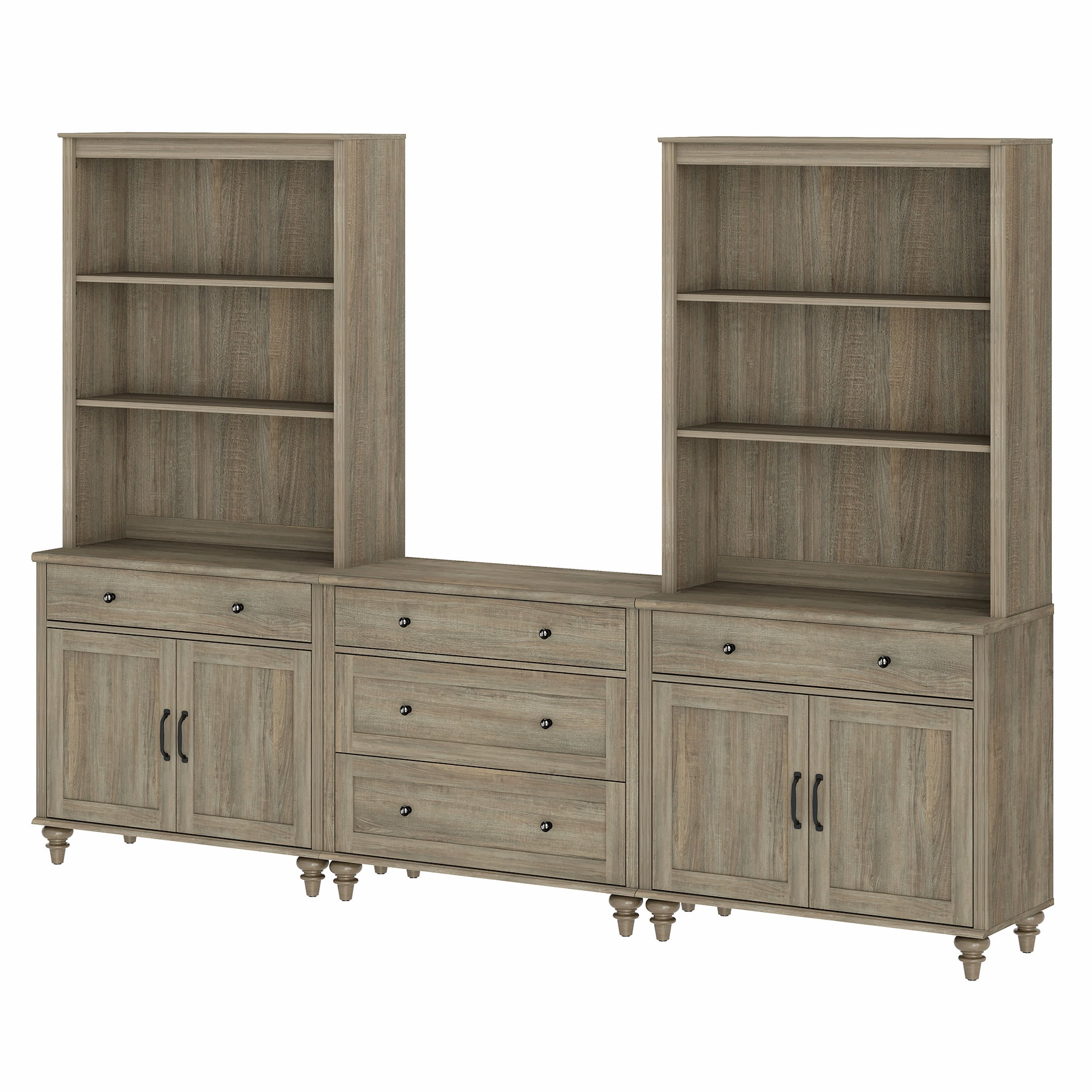Farmhouse Bookcase With 5 Drawers and 4 Doors, Wash Gray, 101.6" W