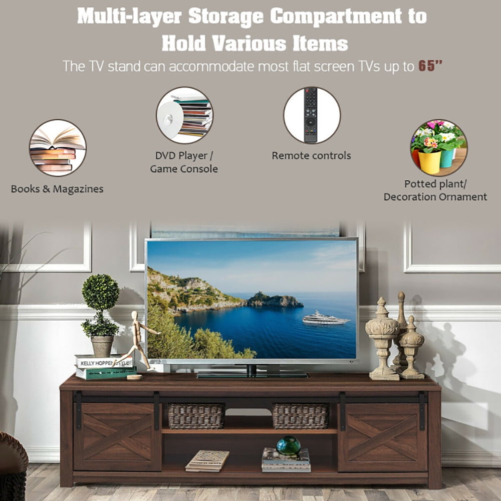 Finihen TV Stand, TV Cabinet, 65 Inch Flat Sliding Barn Door TV Stand, Media Entertainment Center with Storage, for Living Room, Bedroom, Brown