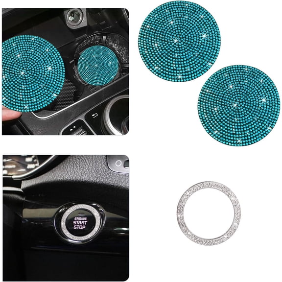 2 Pack Bling Car Cup Holder Coaster, Anti-Slip Auto Insert Coaster with Start Stop Button Cover, Universal Shiny Crystal Vehicle Interior Accessories for Women and Girls (Light Blue)