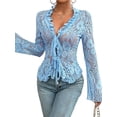 thumbnail image 3 of Women'S V Neck Lace Sheer Top Mesh See Through Shirts Open Front Tie Long Sleeve Blouses Y2k Going Out Tops Blue M, 3 of 10