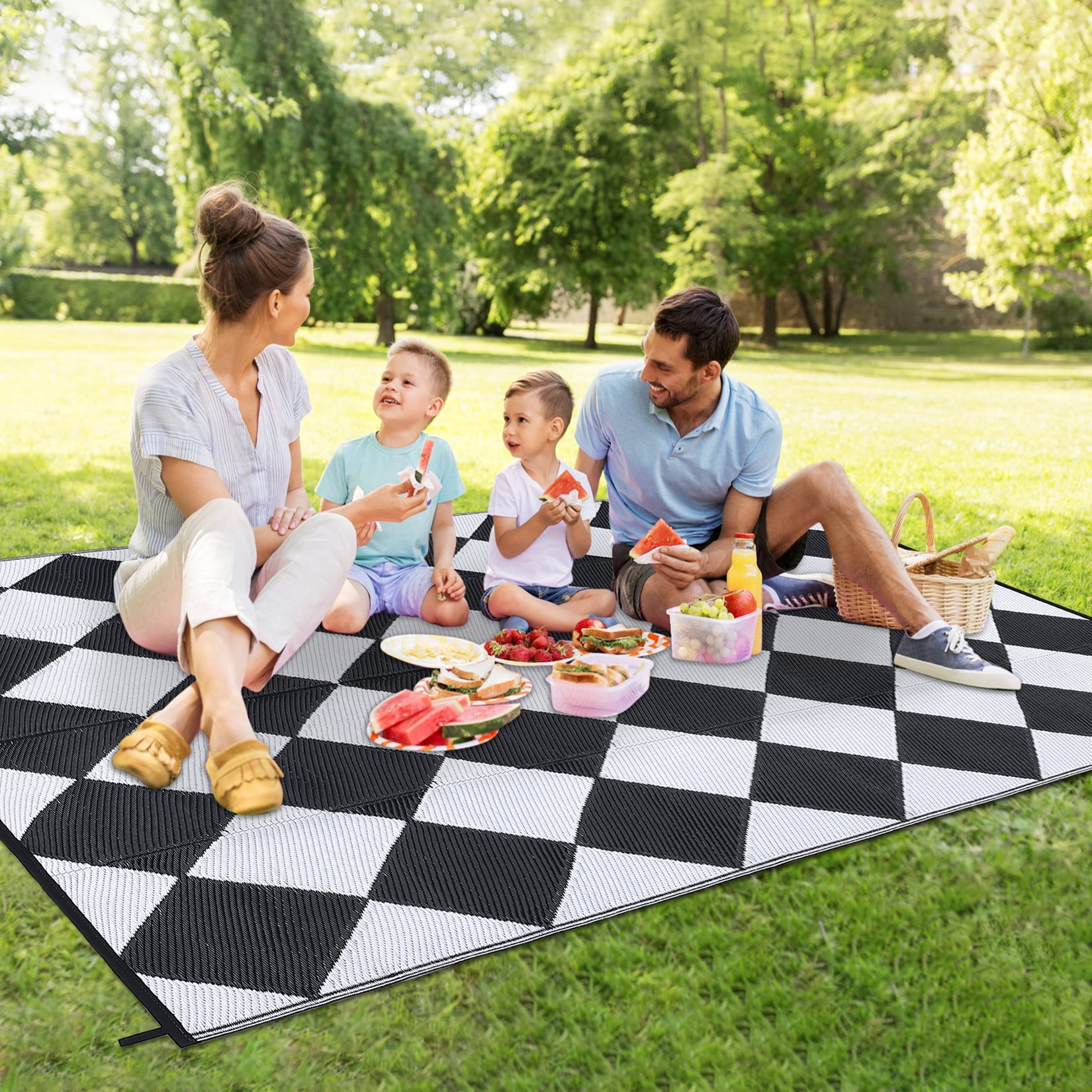 Senfot 10x14 Waterproof Portable Outdoor Rug, Modern Geometric Plastic Carpet for Patio Camping Deck Backyard Porch Decor with Storage Bag Black and White