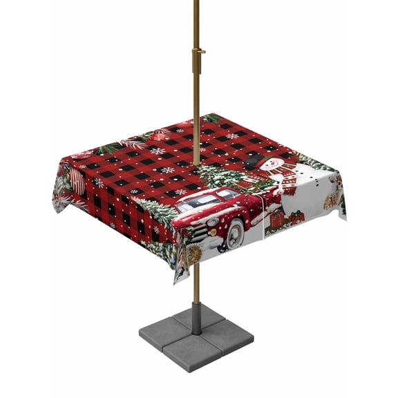 Outdoor Tablecloth with Umbrella Hole and Zipper, Red Plaid Christmas Square Table Cloth 54x54 Inch Waterproof Tablecloth, Snowman Xmas Truck Balls Tree Picnic Table Cover for Patio Camping