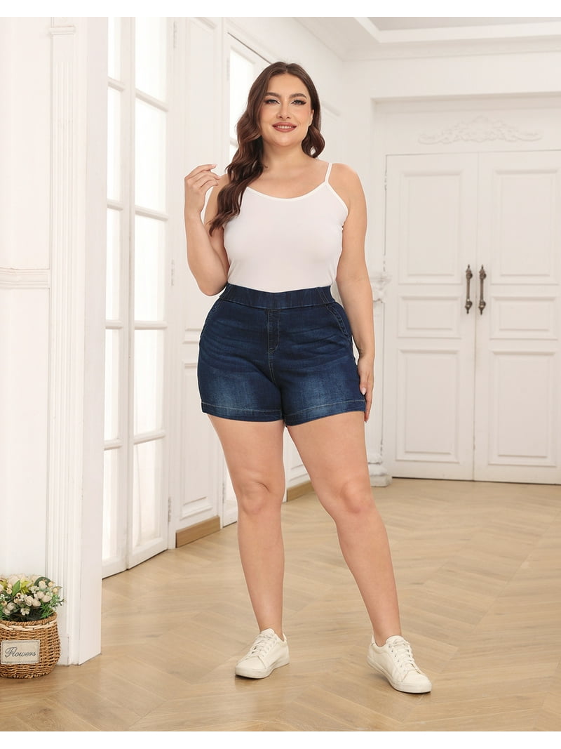 HDE Women's Plus Size Jean Shorts High Waisted Pull On Shorts Dark