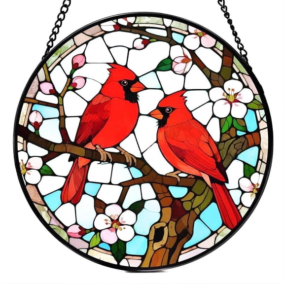 Sinkoo Cardinal Stained Glass Window Hanging, 8 Inch Sun Catcher Glass Panel with Metal Chain Suncatcher Indoor Window Wall Art Home Decor Gift for Bird Lovers Women Mother's Day Christmas