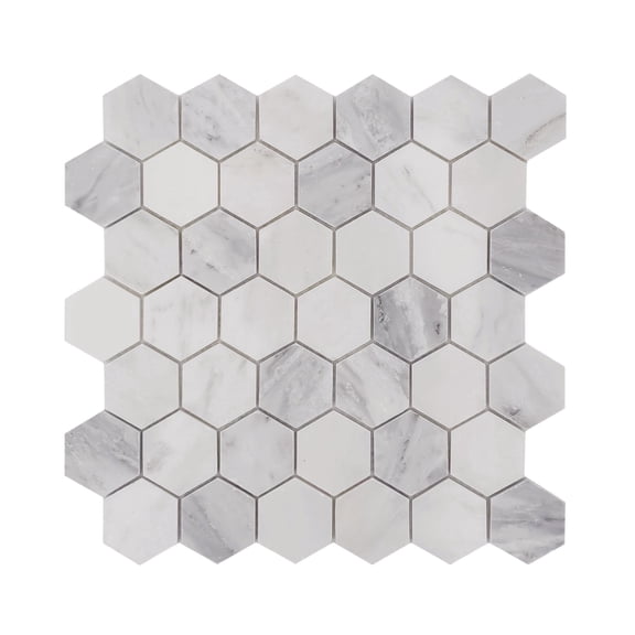 2-in Oriental White Hexagon Polished Marble Mosaic Floor and Wall Tile, 12-in x 12-in per Sheet, 5 Pack (5-sq. ft/ Box)