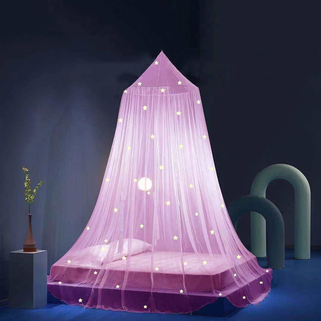 Bed Canopy for Girls Mosquito Net, Princess Bed Canopy for Girls Room Decor - Insect Protection Hanging Canopy for Indoor(Pink,Stars Glow in the Dark)