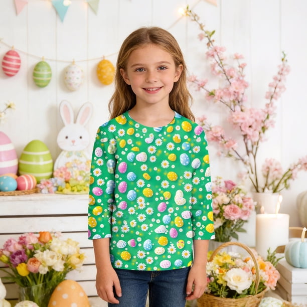 Blusas y camisas de manga larga con cuello redondo y estampado de Pascua, camiseta interior de cuello redondo y manga tres cuartos para niños de talla mediana y grande.