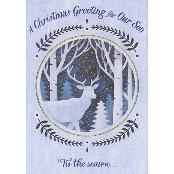 Designer Greetings Deer Walking in Forest on Starry Night Inside Cutout Circular Window Christmas Card for Our Son