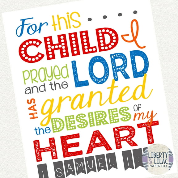 Gender Neutral Nursery Art For This Child I Prayed Christian Art Bible Verse Gender Neutral Primarys red orange yellow green blue gray Baby Shower Gift Christening Gift Baptism Gift 11x14