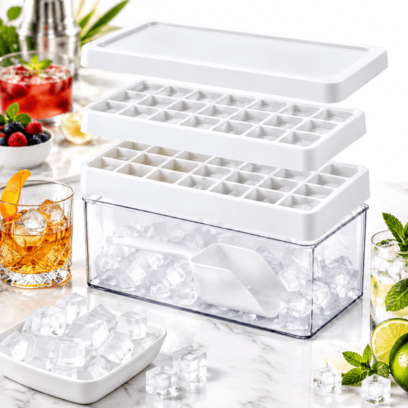 Ice Cube Tray with Lid and Bin, 56 Grid Ice Maker for Freezer with Ice Scoop, Large Ice Cube Molds, Easy Release Stackable Ice Storage Container for Whiskey, Cocktail, White