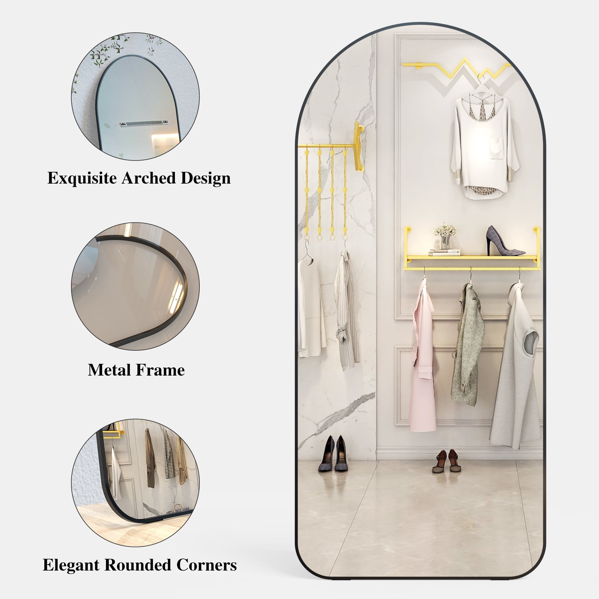 Full Length Floor Mirror with Arch Design and Metal Frame, High Definition Silver Mirror with Shockproof Packaging, Standing Mirror for Bedroom, 71"x32"