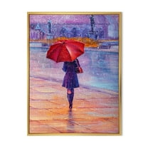 Designart 'Girl Walking With Red Umbrella Under The Rain' French Country Framed Canvas Wall Art Print