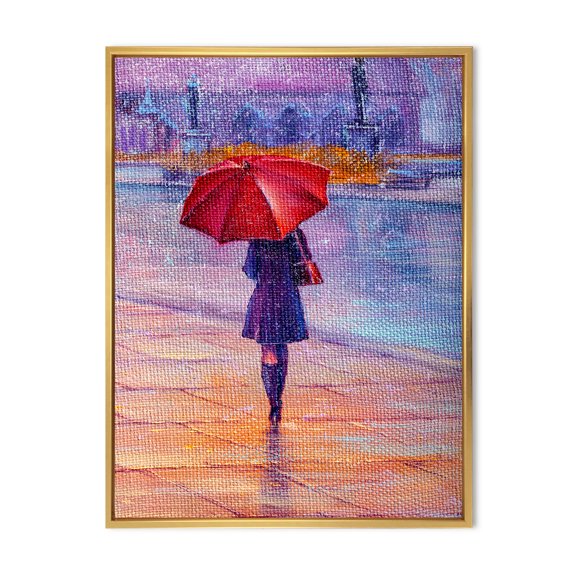 Designart 'Girl Walking With Red Umbrella Under The Rain' French Country Framed Canvas Wall Art Print