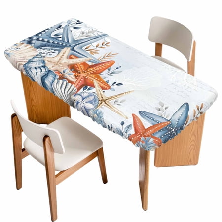 Orange Blue Starfish Coastal Table Cloths for 6 Foot Rectangle Tables Summer Beach Eucalyptus Patio Waterproof Elastic Fitted Tablecloths Washable Rectangular Table Cover for Camping