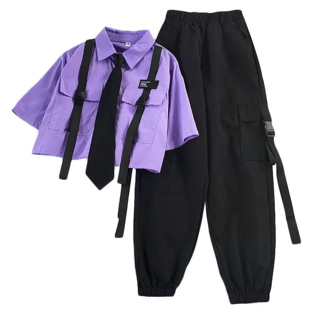 Conjunto de dos piezas de ropa de calle para estudiantes, pantalones Cargo rectos de cintura alta con cinta, camisa holgada de manga corta con lazo, primavera 2024