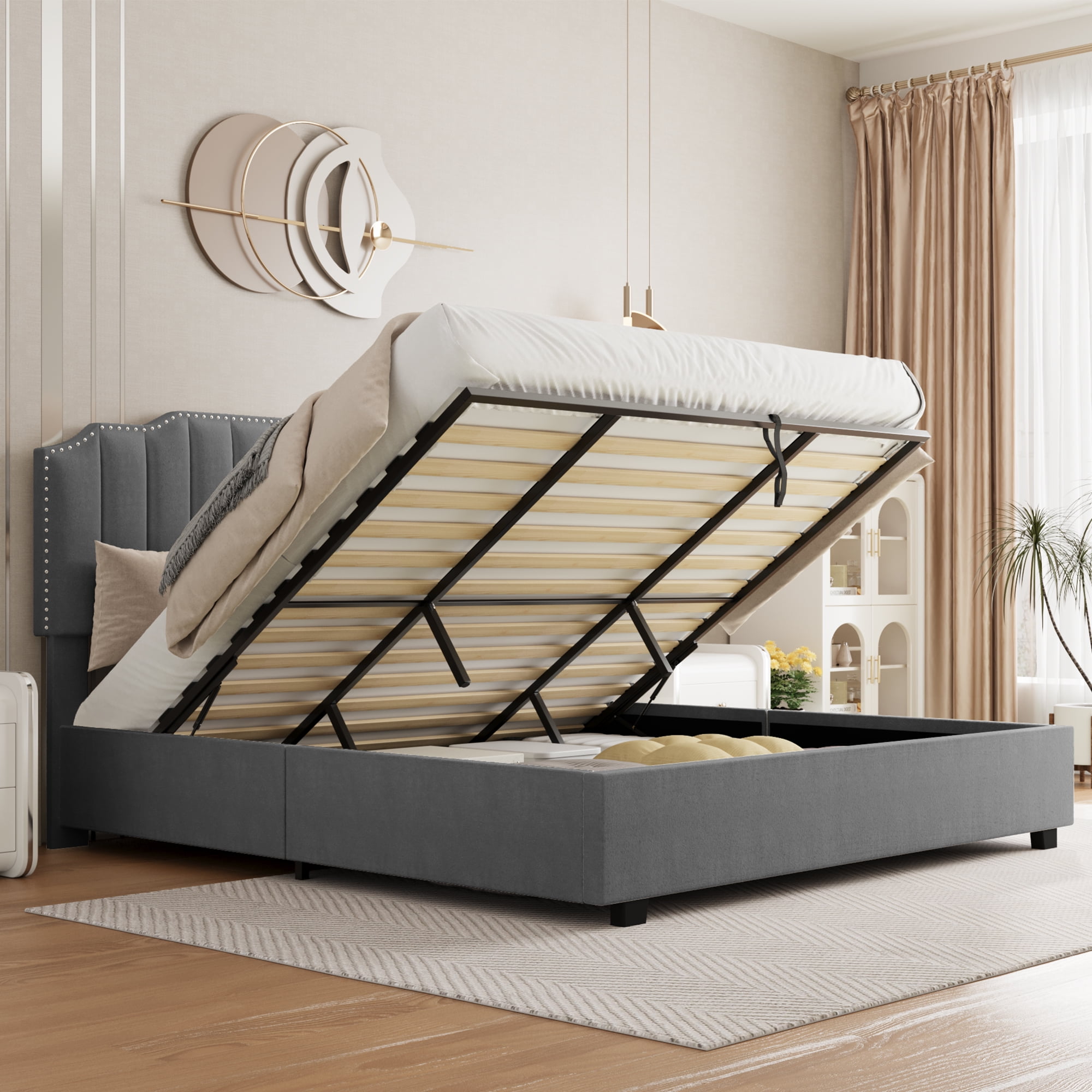 Miniyam Full Size Contemporary Platform Bed with Lift-Up Storage for Adult, Gray