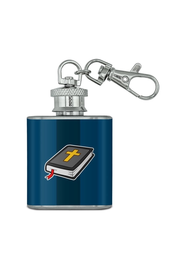 Bible with Cross Christian Religious Stainless Steel 1oz Mini Flask Key Chain