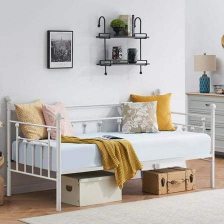 Victoria Twin Size Metal Daybed Platform with 4 Legs Slats Support,White