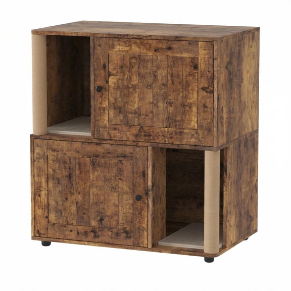 Double Cat Litter Box Enclosure Furniture with Scratching Post, 2-in-1 Hidden Litter Box Cabinet with Litter Mat, Large Litter Box Enclosure for 2 Cats, Slotted Door-Brown