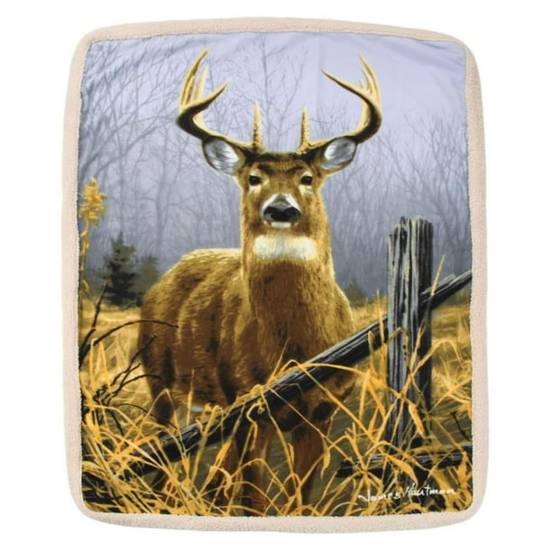 Hautman Brothers Foggy Morning Buck Deer Sherpa Trim Fleece Throw
