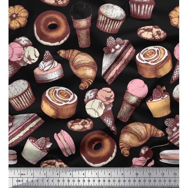 Soimoi Rayon Fabric Cupcake,Donut & Cookies Food Decor Fabric Printed Yard 56 Inch Wide