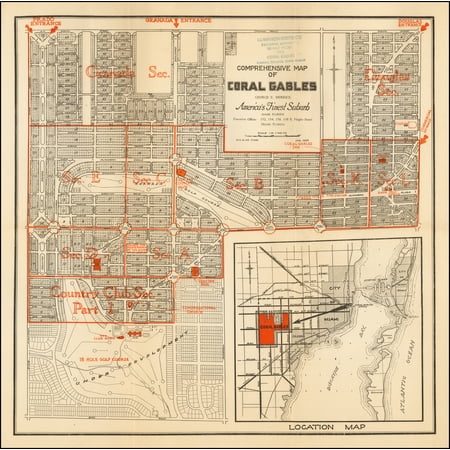 Finest Art - LAMINATED POSTER Comprehensive Map of Coral Gables George E. Merrick America's Finest Suburb . . . 1924 POSTER PRINT 24 x 36