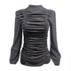 thumbnail image 3 of Camiseta ajustada plisada con cuello alto y manga farol larga informal de color liso para mujer Fridja  ghj987+699, 3 of 4