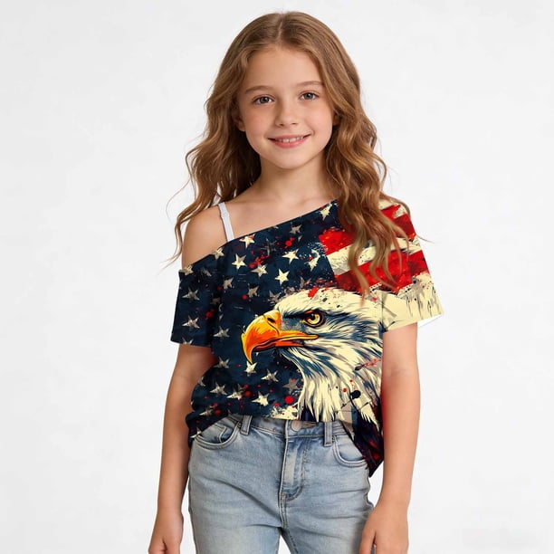 Odeerbi Niñas 4 de Julio Camiseta de Un Hombro Manga Corta Día de La Independencia Tops Gráficos