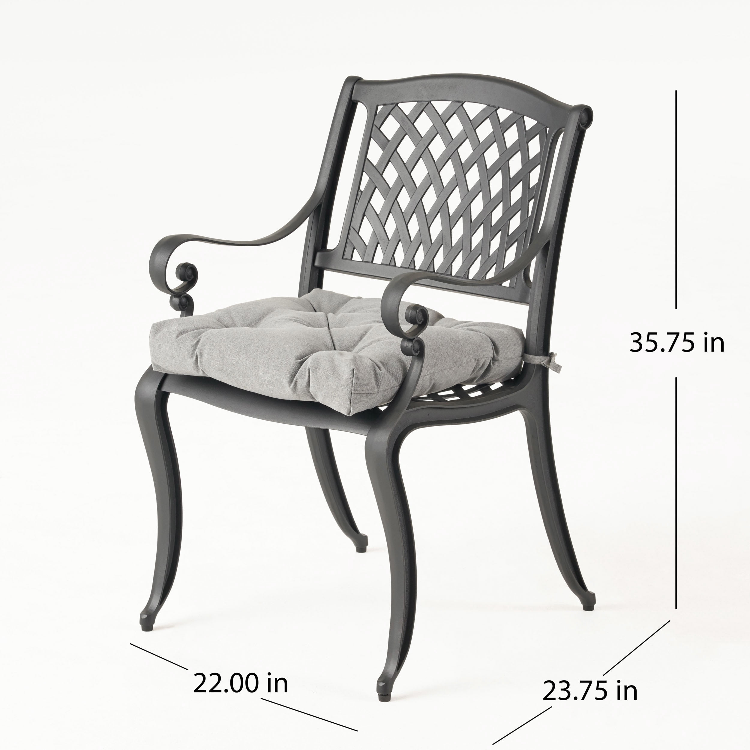 Brody Outdoor Cast Aluminum Dining Chair with Cushion, Set of 2, Antique Matte Black, Charcoal